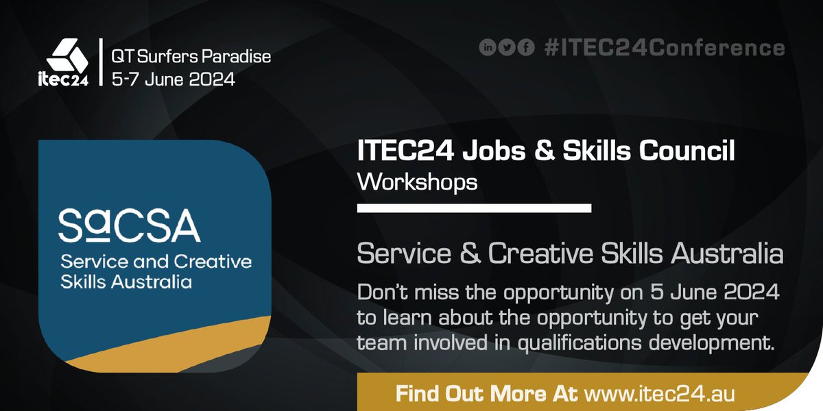 ITECAust's tweet photo. Be part of the conversation with #VocationalTraining and #HigherEducation leaders with the team from Service and Creative Skills Australia to review qualifications development and workforce planning at the #ITEC24Conference #ItecaGetInvolved Register at: https://t.co/R6JrZ2so5A https://t.co/3bhNKc1DUF