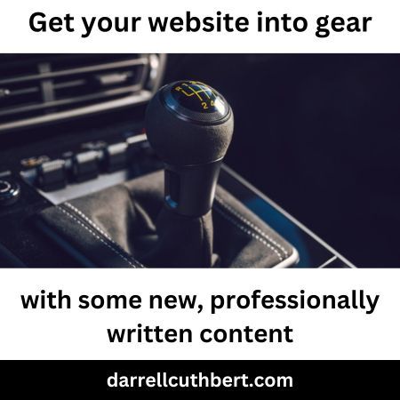 Get your website into gear with some new, professionally written content.

darrellcuthbert.com

#websitecontent #websitecontentwriter #websitecopy #websitecopywriter