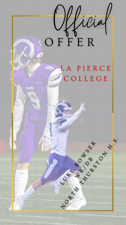 After a great call with <a href="/coach_esteen/">Coach_Esteen</a> I’m blessed to say I have my first official offer from <a href="/LAPierceFB/">Los Angeles Pierce College Football</a> 
<a href="/stippjam/">James Stippich</a> <a href="/rams_north/">North Thurston Rams Football</a> <a href="/DevinRecord/">Devin Record | Coach, Recruiter, & Scout |</a> <a href="/PrepRedzoneWA/">Prep Redzone Washington</a> <a href="/RylandSpencer/">Ryland Spencer™</a> <a href="/NickFarman55/">Nick Farman M.S.</a> <a href="/CleatsV/">CLEATS V CANCER H.S. FOOTBALL ALL-STAR GAME</a>