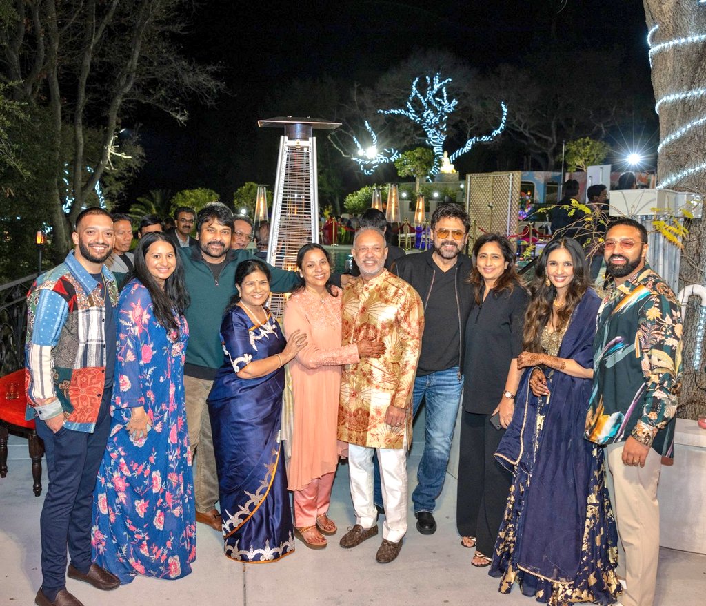 Latest Click Of MEGA STAR @KChiruTweets Garu At Wedding Celebrations Of His Friend Kumar Koneru’s son Kiran Koneru and Shaitalya Sree At LA📸♥️ He Blessed The New couple! @VenkyMama Also Joined With Boss ♥️ @vishwaprasadtg #Chiranjeevi #PadmaVibhushanChiranjeevi