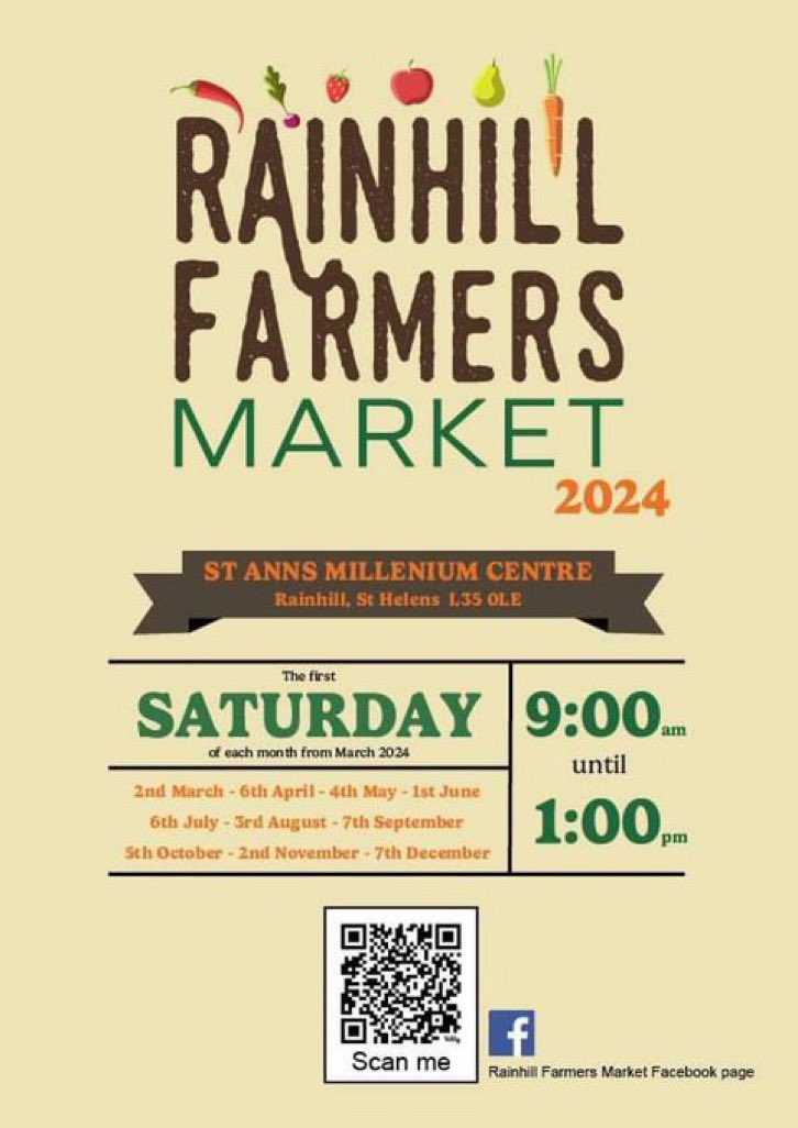 RainhillFarmers's tweet image. We’re back on Saturday 2nd March, even more stalls and a book sale in the church. Bigger and better, pop up and see us and then have a wander in to the village. 🍎🍓🍒🫛🥕🥔🧅🍞🐟🍰🎁🪴🫛🍪 #spendlocal #feelgood