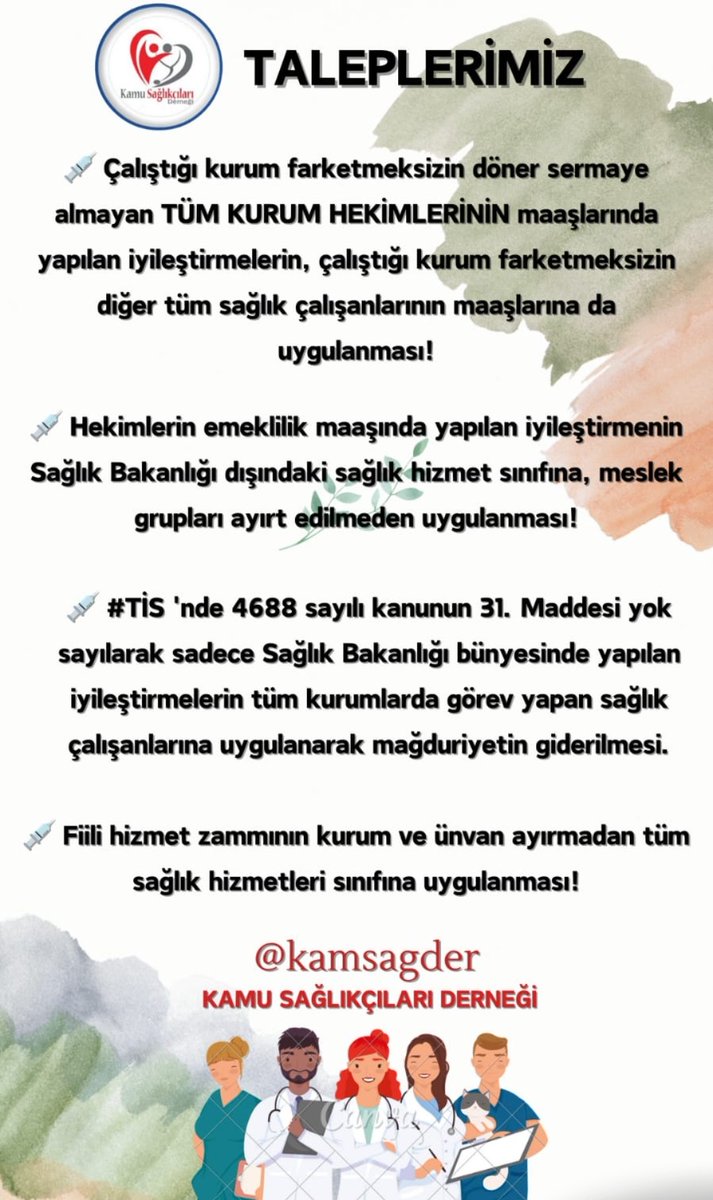 <a href="/drfahrettinkoca/">Dr. Fahrettin Koca</a> Sayın bakanım kamu kurumlarında görevli sağlık çalışanlarının gözü kulağı sizde,bizler için de güzel haberler vermenizi umut ediyoruz, sağlıkçı heryerde sağlıkçıdır,bizleri ayrıştırmayınız.<a href="/kamsagder/">KAMU SAĞLIKÇILARI DERNEĞİ</a>