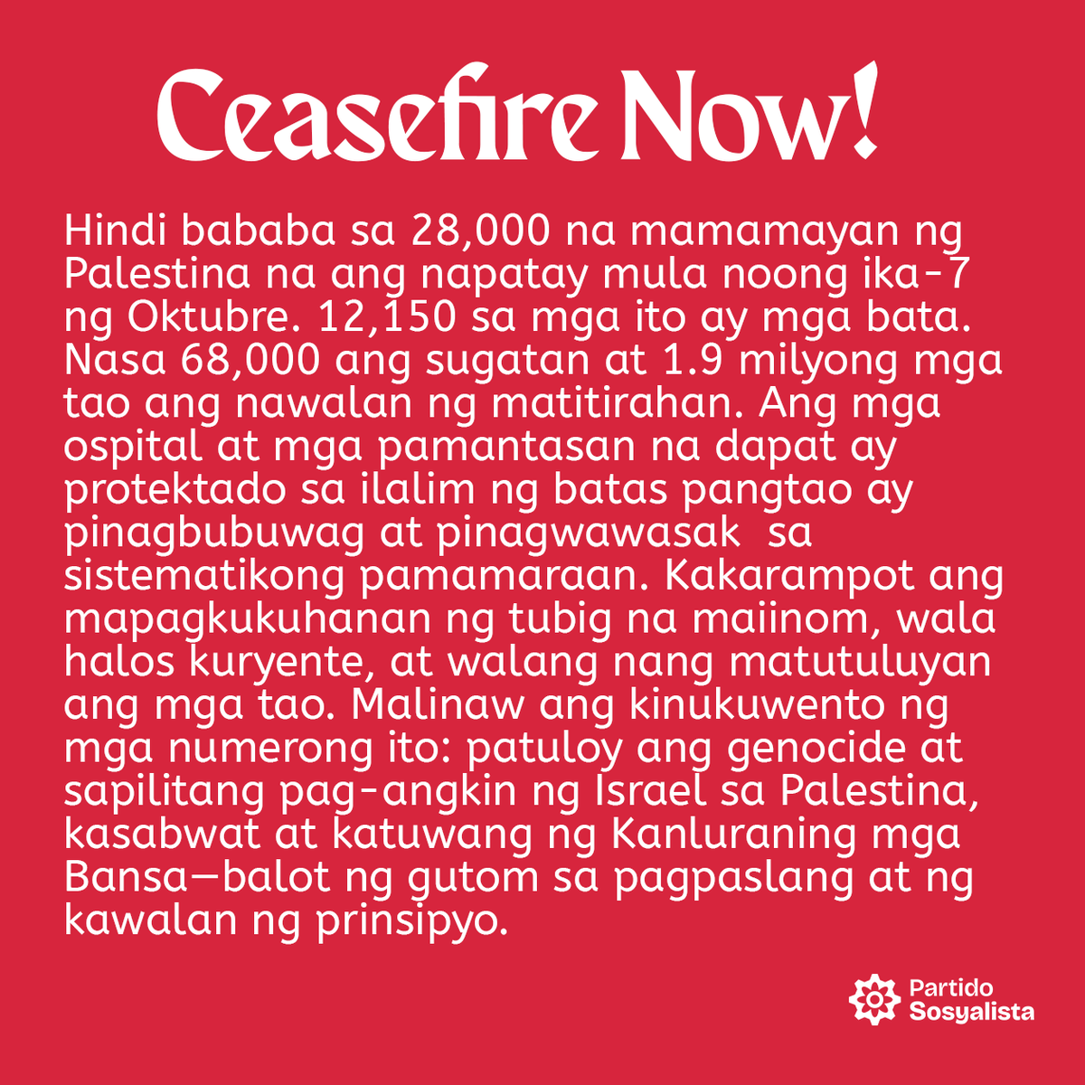 SosyalistaPH's tweet photo. 🇵🇸✊ CEASEFIRE NOW!

✍️ Pahayag ng Partido Sosyalista sa pandaigdigang araw ng pagkilos laban sa genocide sa Gaza
Ika-17 ng Pebrero, 2024 https://t.co/PxxKwE2PB8