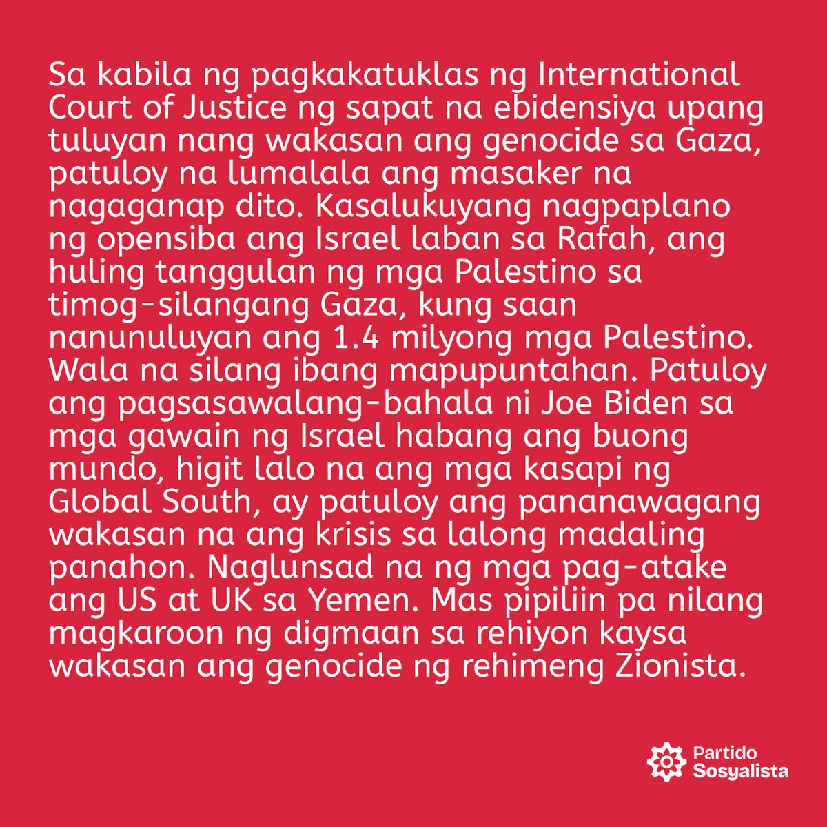 SosyalistaPH's tweet photo. 🇵🇸✊ CEASEFIRE NOW!

✍️ Pahayag ng Partido Sosyalista sa pandaigdigang araw ng pagkilos laban sa genocide sa Gaza
Ika-17 ng Pebrero, 2024 https://t.co/PxxKwE2PB8