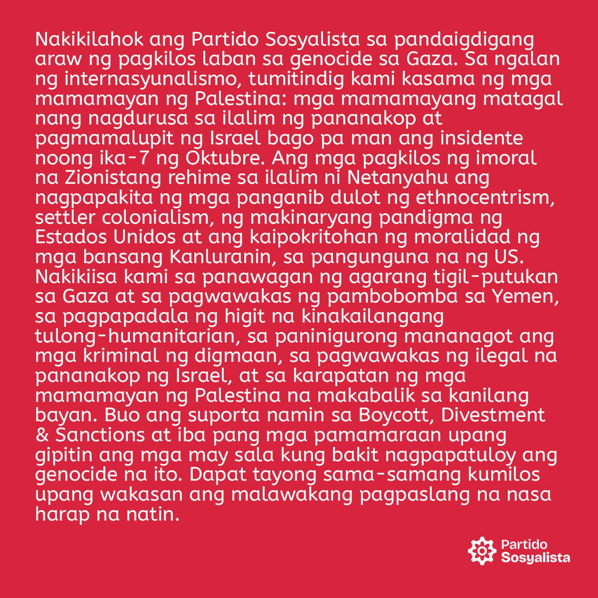 SosyalistaPH's tweet photo. 🇵🇸✊ CEASEFIRE NOW!

✍️ Pahayag ng Partido Sosyalista sa pandaigdigang araw ng pagkilos laban sa genocide sa Gaza
Ika-17 ng Pebrero, 2024 https://t.co/PxxKwE2PB8