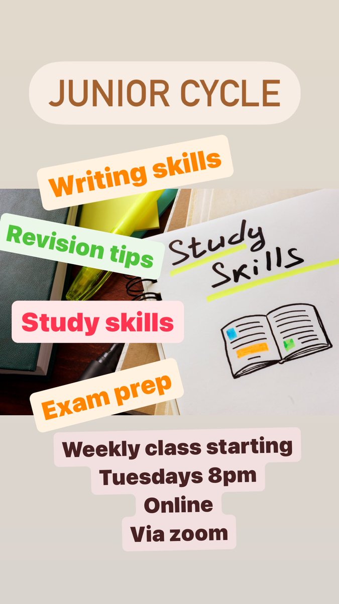 A weekly study and writing skills workshop for Junior Cycle students. Tuesdays at 8pm via zoom. Booking essential. DM for more info or to book. #writingskills #studyskills #examprep