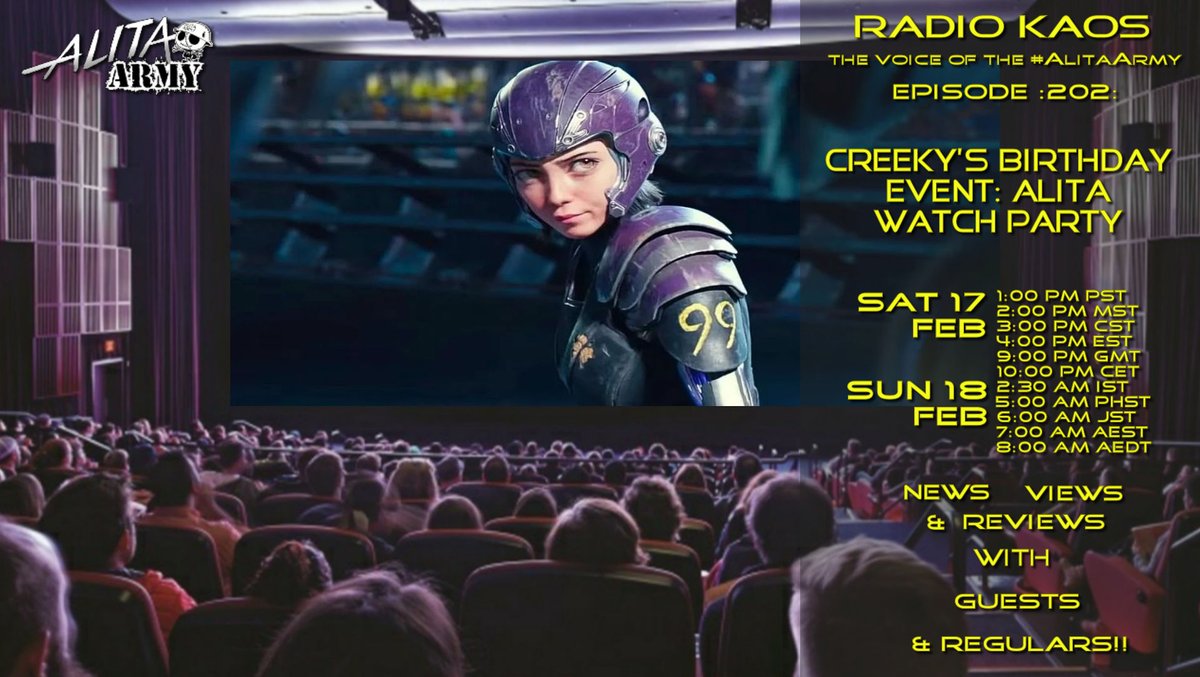 Ahoy, #AlitaArmy! It's been a big week. The 5th anniversary of the release of ABA in 2019, AAAANNNDD Creeky's Birthday. So what should we do? Let's have an ABA Watch Party! Join us for Radio KAOS Ep# 202: Creeky's Birthday Event: Alita Watch Party! youtube.com/live/rHGQI7NYE…