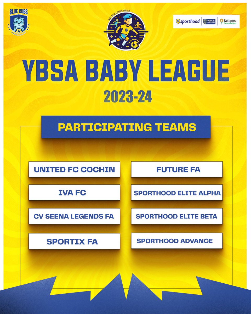 KeralaBlasters's tweet photo. YBSA Baby League 2023-24 begins tomorrow! ⚽

Let's take a look at the teams participating 🤜🤛

#KBFC #KeralaBlasters #RFYouthSports #RelianceFoundation https://t.co/m3bQEKgBfU