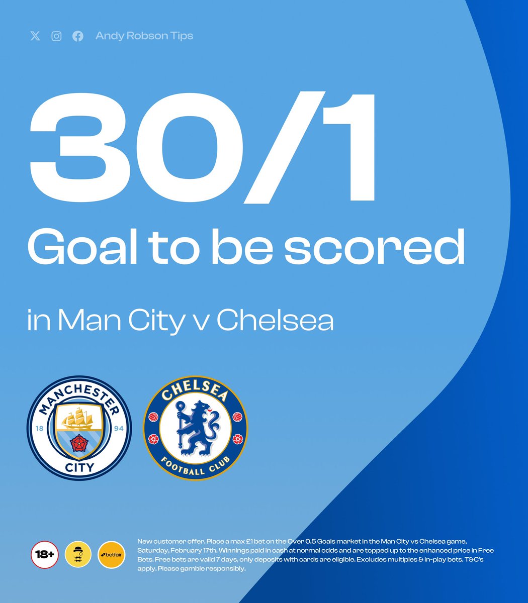 🚀 30/1 for a goal to be scored in City v Chelsea

This is so simple to claim if you don’t already have a Betfair account:

1️⃣ Claim offer: bit.ly/GOAL-30-1

2️⃣ Bet £1 on Over 0.5 Goals (normal odds)

✅ Win £30 in Free Bets 

18+, T&amp;Cs Apply. Ad.