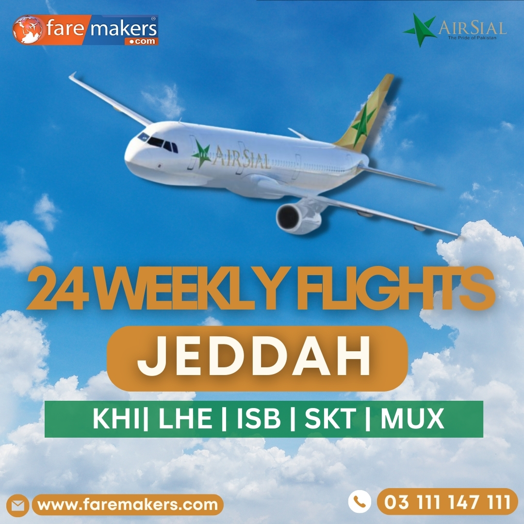 Faremakers's tweet photo. Airsial Offering 24 Weekly flights to #jeddah
Book now, With Faremakers

WhatsApp/Call: 0311 1147111
Visit: https://t.co/DFG0nGaI0c

#Faremakers #cheaprates #Cheapflights #travelagents #Travelagency #Airsial #lahore #islamabad #Sialkot #karachi #Multan https://t.co/YuHJg3jCuW