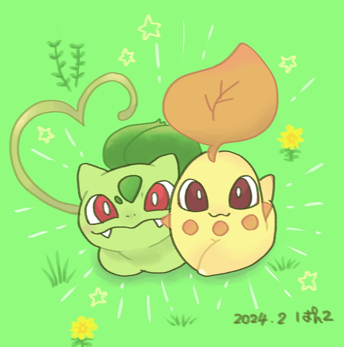 bulbasaur no humans pokemon (creature) flower red eyes fangs green background closed mouth  illustration images