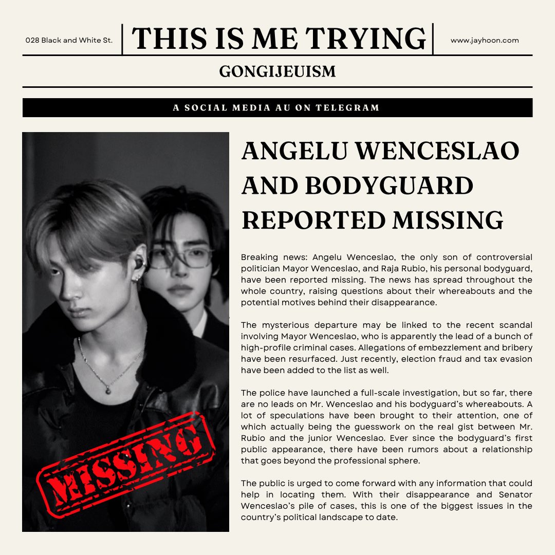 this is me trying
— a jayhoon au 

when the son of a politician, angelu (sh), gets targeted, his parents scurry to find him a bodyguard. 

raja (jy) steps up— but strong and qualified as he may be, there’s one little hitch: 

once upon a time, he was angelu’s partner in crime.