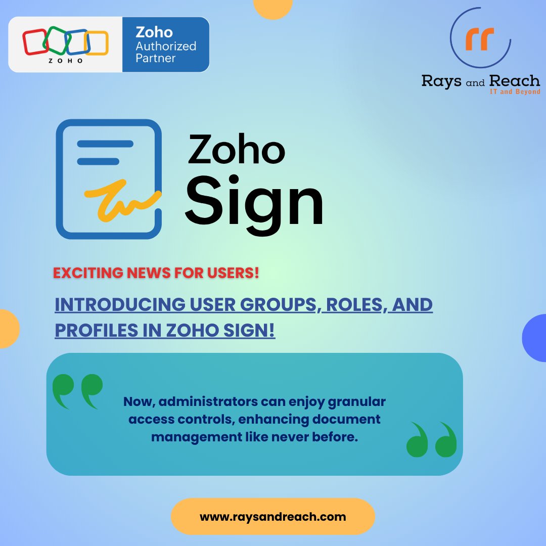 Rays_and_Reach's tweet photo. 🌟 Exciting Update from Zoho Sign!
📢 Introducing user groups, roles, and profiles! Manage document visibility and accessibility with precision.
Help document: https://t.co/hfxT6oMZnp
Connect with us at https://t.co/kxiAtkIMlk
#ZohoSign #RaysAndReach #ZohoPartner https://t.co/8cRF33IJlL