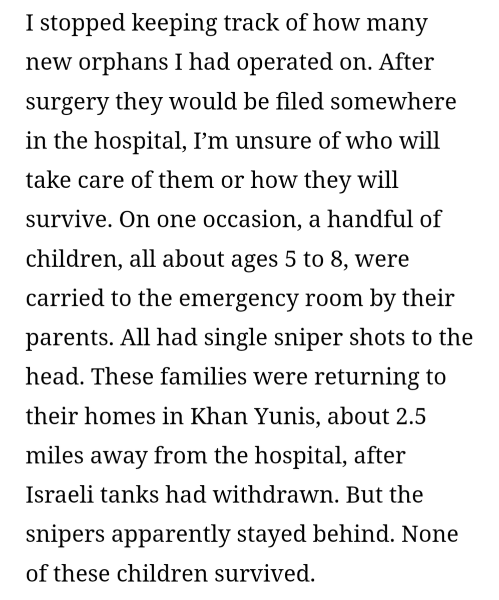 'All had single sniper shots to the head.' A doctor there, talking about children in Gaza. This is where the 'hamas using civilians as human shields defence' runs into serious problems.