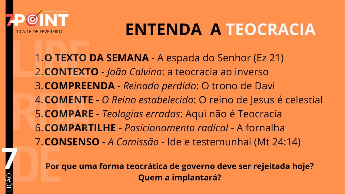 prwalmeida's tweet photo. #7Point - Lição para #Jovens
Esboço temático em apenas 7 pontos
Lição 7: "Entenda a Teocracia" https://t.co/WtlLuPWyCl