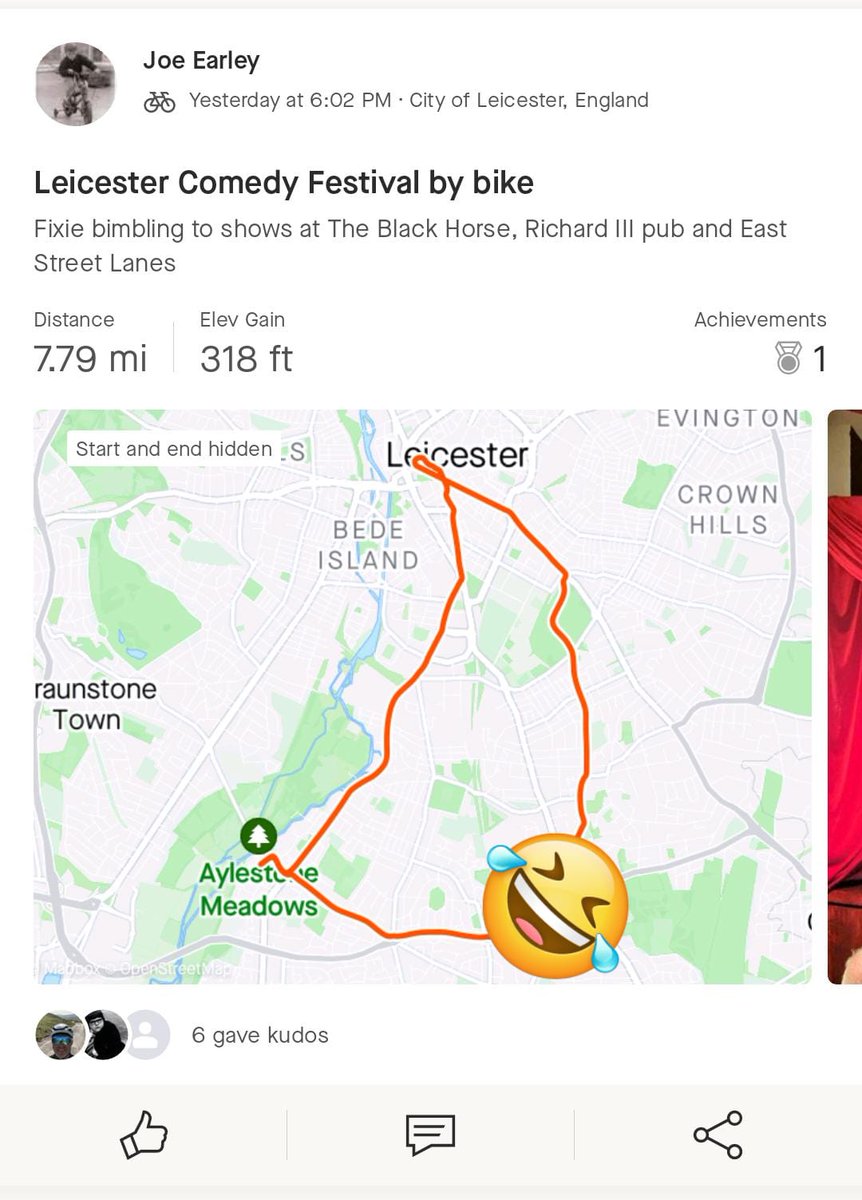 This weekend I'm doing @RideLeicester @CHYMLeics proud and it's @LeicsComedyFest by bike 🚲🚲🚲 Three great shows last night across the city and quicker between venues than finding parking, waiting for taxis or walking. Five shows today so🤞for no rain strava.app.link/QBaoOp81fHb