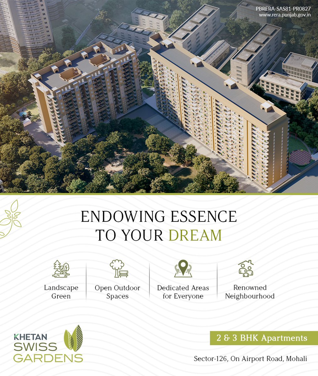 Add life to your dreams with everyday full of exquisivity. ✅ Premium 2 & 3 BHK High Rise Apartments in Mohali ↘️To know more, reach out to us at 9878433379 #KhetanSwissGardens #RealEstateDeveloper #ResidentialProperty #plots #HighRiseapartments #ResidentialPlots