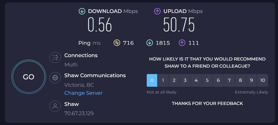 An average evening of quality <a href="/Rogers/">Rogers</a> <a href="/RogersHelps/">RogersHelps</a> internet. Definitely showing the infrastructure improvements promised by consolidation with Shaw. speedtest.net/result/1589845… #speedtest