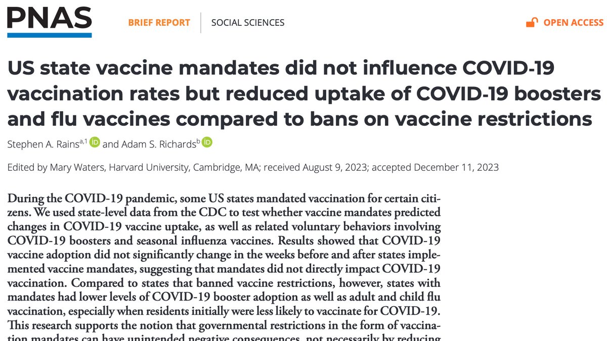 New study @PNASNews: US Covid vaccine mandates DID NOT increase vax rates but REDUCED flu vaccine & C19 booster uptake Lost trust, Ineffective; legally, socially, & ethically=wrong approach Mandates have unintended consequences gh.bmj.com/content/7/5/e0… pnas.org/doi/epdf/10.10…