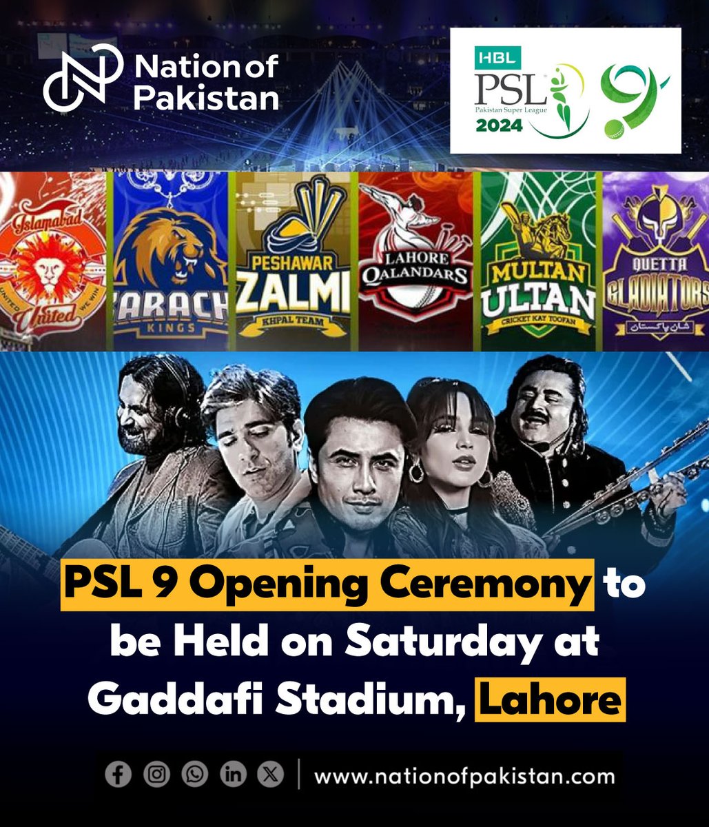 TheNationofPak's tweet photo. #Pakistan #PSL #Opening #Ceremony #Lahore #Gaddafi #PSL9 #BoycottPSL #PSL9Anthem 
#PSLOpeningCeremony  #PSL9 #PSLanthem2024 
#CricketExtravaganza
#GaddafiStadium
#PakistanSuperLeague
#CricketFever
#PSL2024
#CricketEntertainment
#AliZafar
#AimaBaig
#ArifLohar
#Noori
#Cricket https://t.co/oyDvP5BWVc