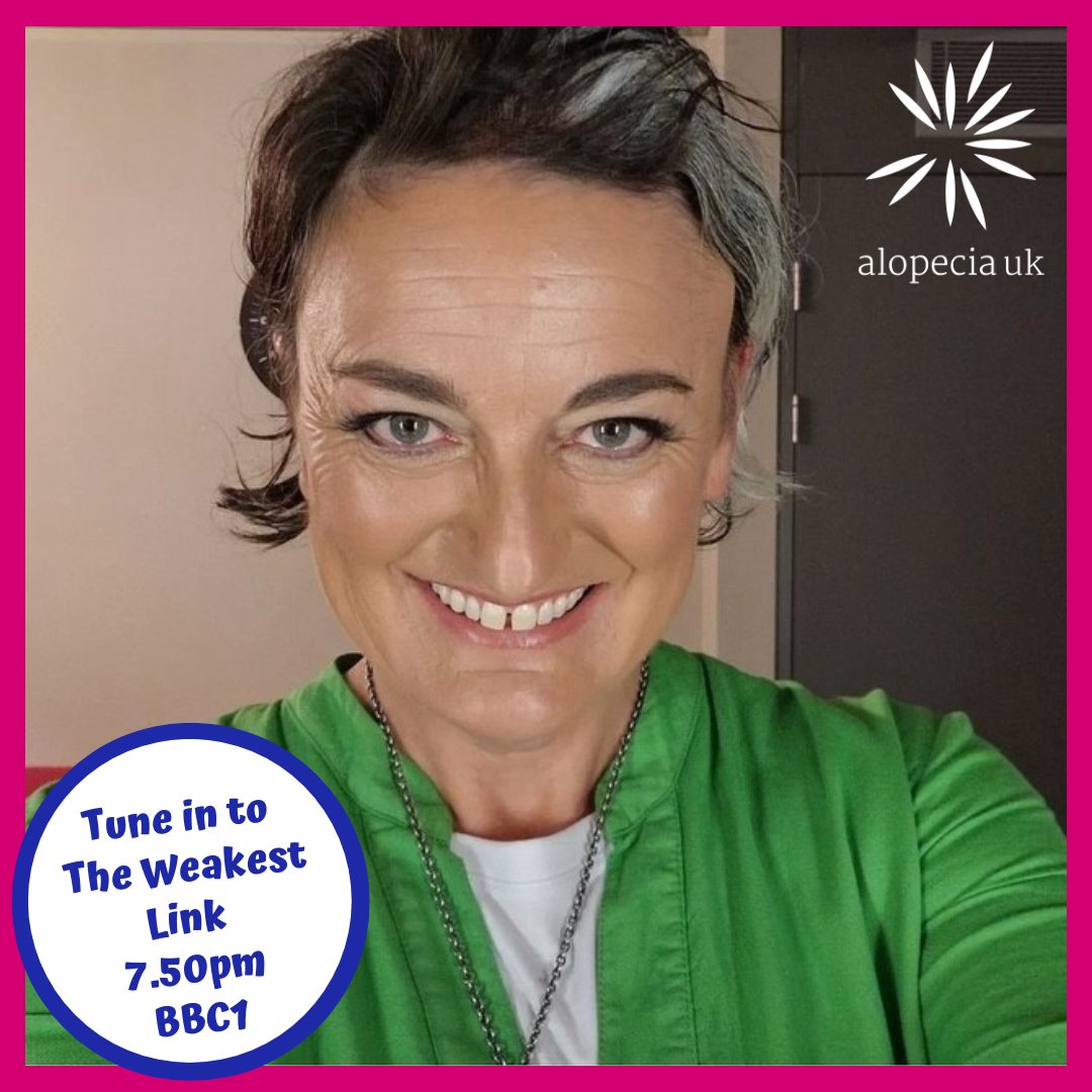 Our ambassador @ZoeLyons is on tonight's episode of The Weakest Link.  She's playing for Alopecia UK, so we will be getting a mention on BBC1. Fab awareness!
Tune in at 7.50pm. Win or lose, Zoe is a star!
Filmed in July - Zoe's first TV appearance in two years without her wig 💙