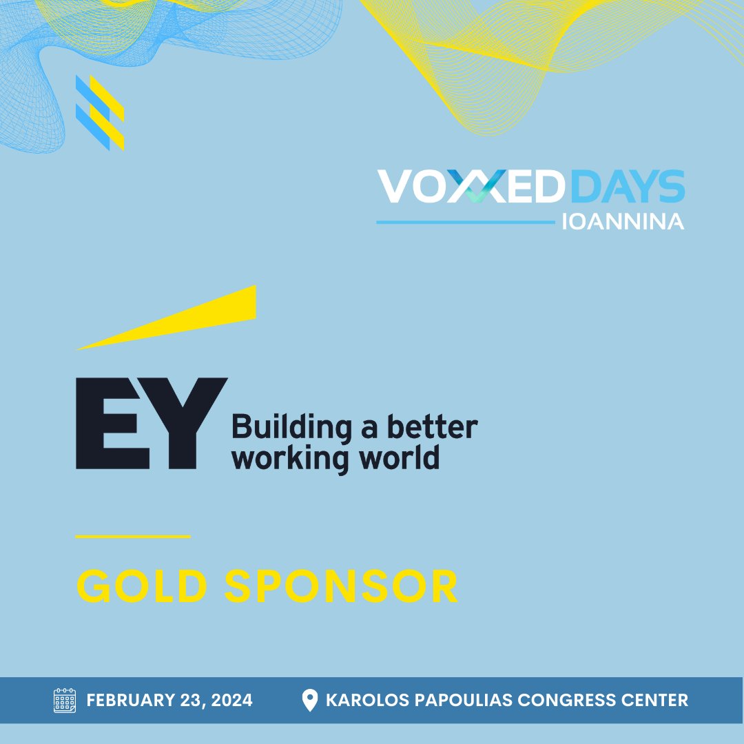 🎉 We're absolutely thrilled to announce our Gold Sponsor @EY_Greece

As a global leader in consulting, EY brings invaluable expertise and resources to our event, enriching the experience for all attendees.

#VoxxedDaysIoannina #EY #EYGreece #techevent