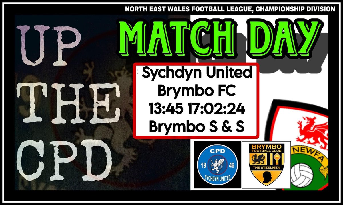 CPD Sychdyn United (@cpdsychdyn) on Twitter photo MATCH DAY
We travel to <a href="/BrymboFC/">Brymbo Football Club</a> now after our pitch was deemed unplayable. Can we continue our good start to the year and make it 4 unbeaten? We certainly hope so get up to the cric and back the boy. VIVA SYCHDYN MATCH DAY
We travel to <a href="/BrymboFC/">Brymbo Football Club</a> now after our pitch was deemed unplayable. Can we continue our good start to the year and make it 4 unbeaten? We certainly hope so get up to the cric and back the boy. VIVA SYCHDYN