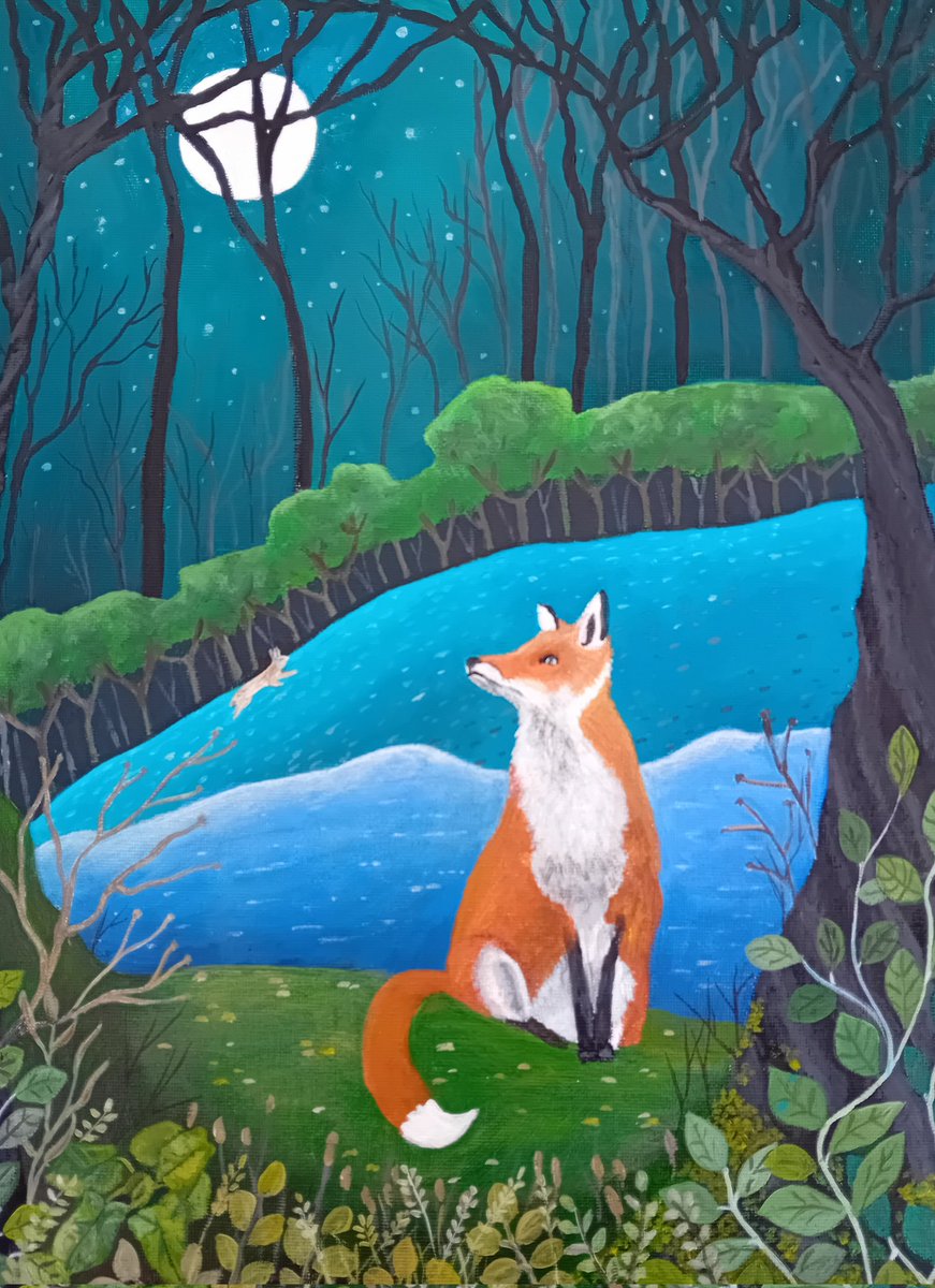 I've been enjoying the vibrant colours of my acrylics this week, to produce  this whimsical painting of The Fox and the Moon. 
pamadamsart.etsy.com/listing/166549…
#naiveart #whimsicalart #fox #moon #welshartist