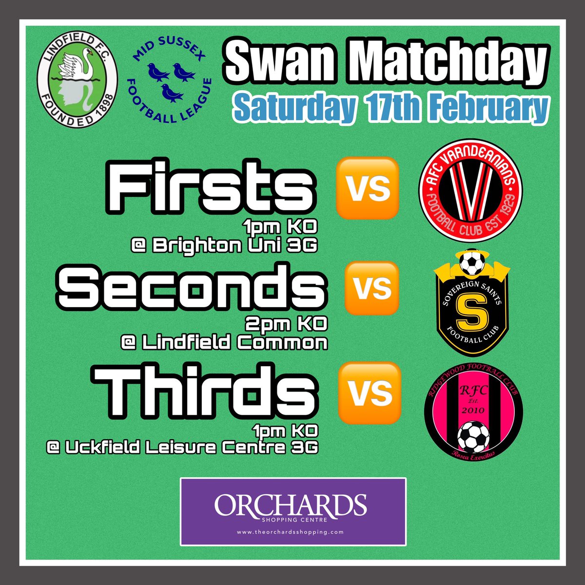 MATCHDAY 🙌

We have another weekend of Cup action in store as the 1️⃣s travel to <a href="/AFCVarndean/">AFC Varndeanians</a> in the Monty Cup QF and the 2️⃣s host Soverign Saints in the last 16 of the Mowatt Cup 🏆 

Our 3️⃣s face a tough away league game 🆚 Div 4 South League leaders <a href="/RidgewoodFC/">Ridgewood FC</a> ⚽️