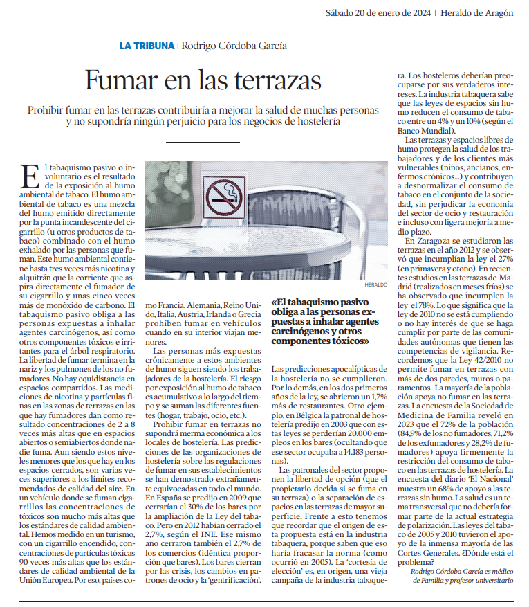 🔎 Artículo de imprescindible lectura publicado hace unos días en <a href="/heraldoes/">Heraldo de Aragón</a> por nuestro delegado en Aragón <a href="/rodrigocordobag/">Rodrigo Cordoba Garc</a>.

🗣️ Prohibir fumar en las terrazas contribuiría a mejorar la salud de muchas personas y no supondría ningún perjuicio para los negocios de hostelería.