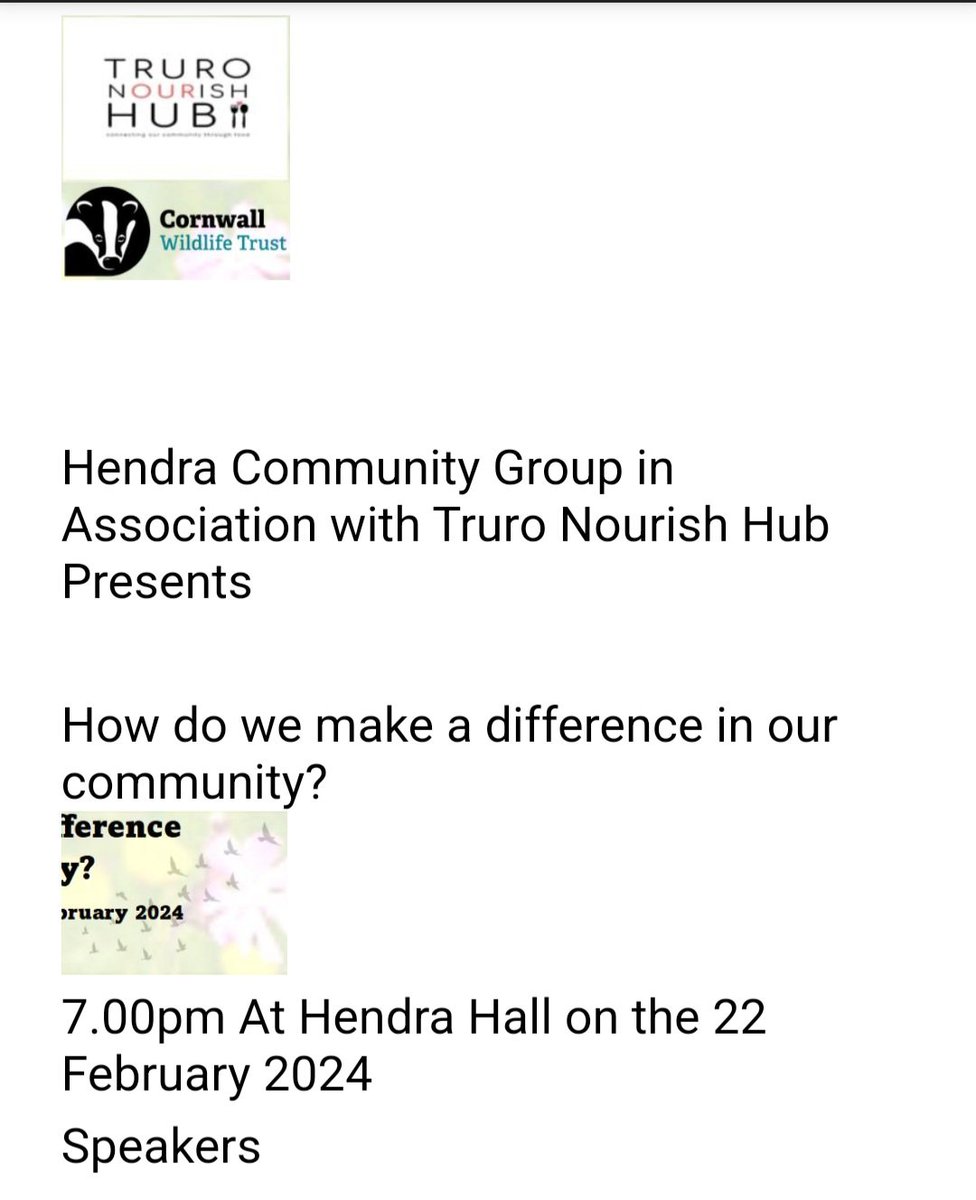 On the 22nd February 2024 at 7pm, a free event about making a different to the community is taking place at Hendra Hall by Hendra Community Group in association with Truro Nourish Hub. Please join us!