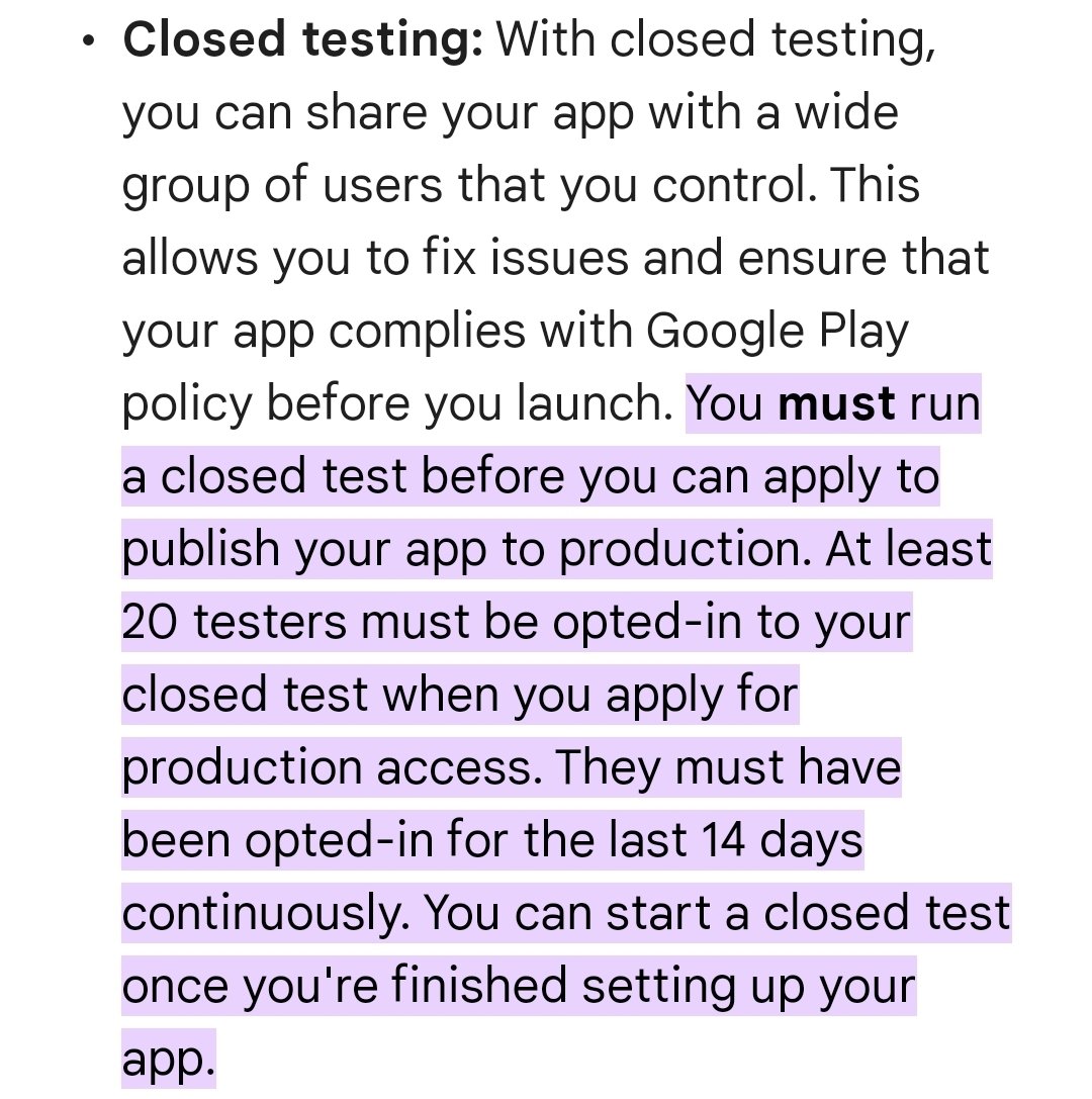zachbwh's tweet photo. This is crazy. I don't even know 20 android users, let alone well enough to feel comfortable reaching out for them to test my app. It's almost as if @GooglePlay doesn't want devs to launch on their store at all. https://t.co/39a7Nh6MtU