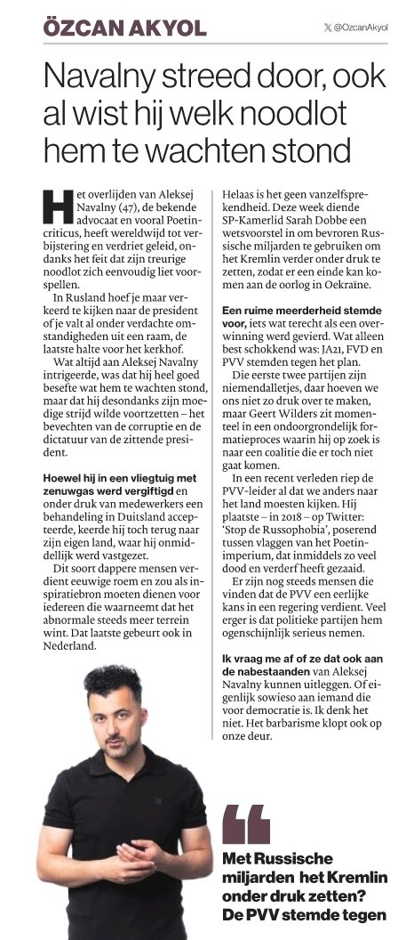 Rake woorden van <a href="/OzcanAkyol/">Özcan Akyol</a> Iedereen die stelselmatig Poetin blijft knuffelen is net zo misdadig als de man zelf.
#Navalny