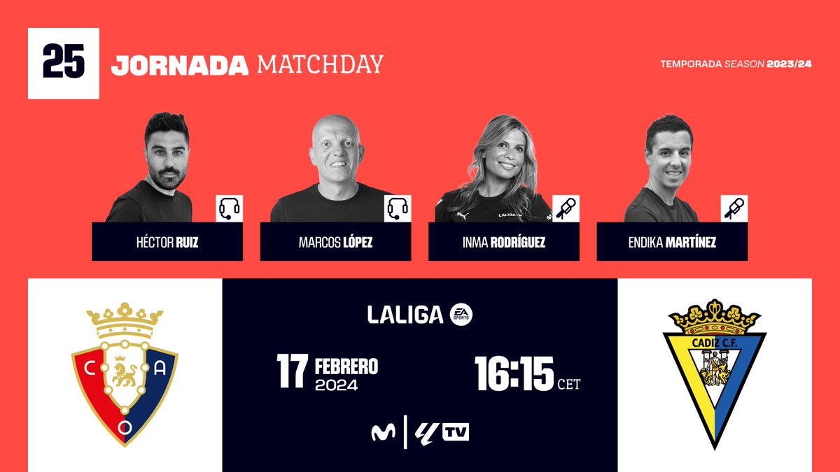 Me han dicho que... a las 16:15h. El Sadar. J25 @Osasuna - @Cadiz_CF Vamos con @marcoslopez + @InmaRodriguezR + @Endika_Mart por @LaLiga TV @MovistarFutbol ⚽️⚡️🔥📺 #InsideLaLiga