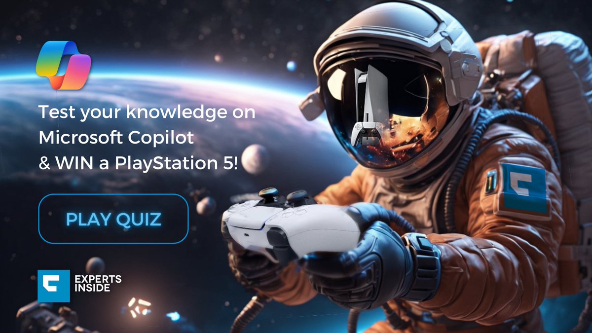 ExpertsInside's tweet photo. Weekend vibes = Game vibes so let's play! Test your knowledge on #Microsoft #Copilot in 3 quiz questions for a chance to WIN a #PlayStation5 shipped to you directly: https://t.co/WIQ4sWbovC https://t.co/1c30aPlk12