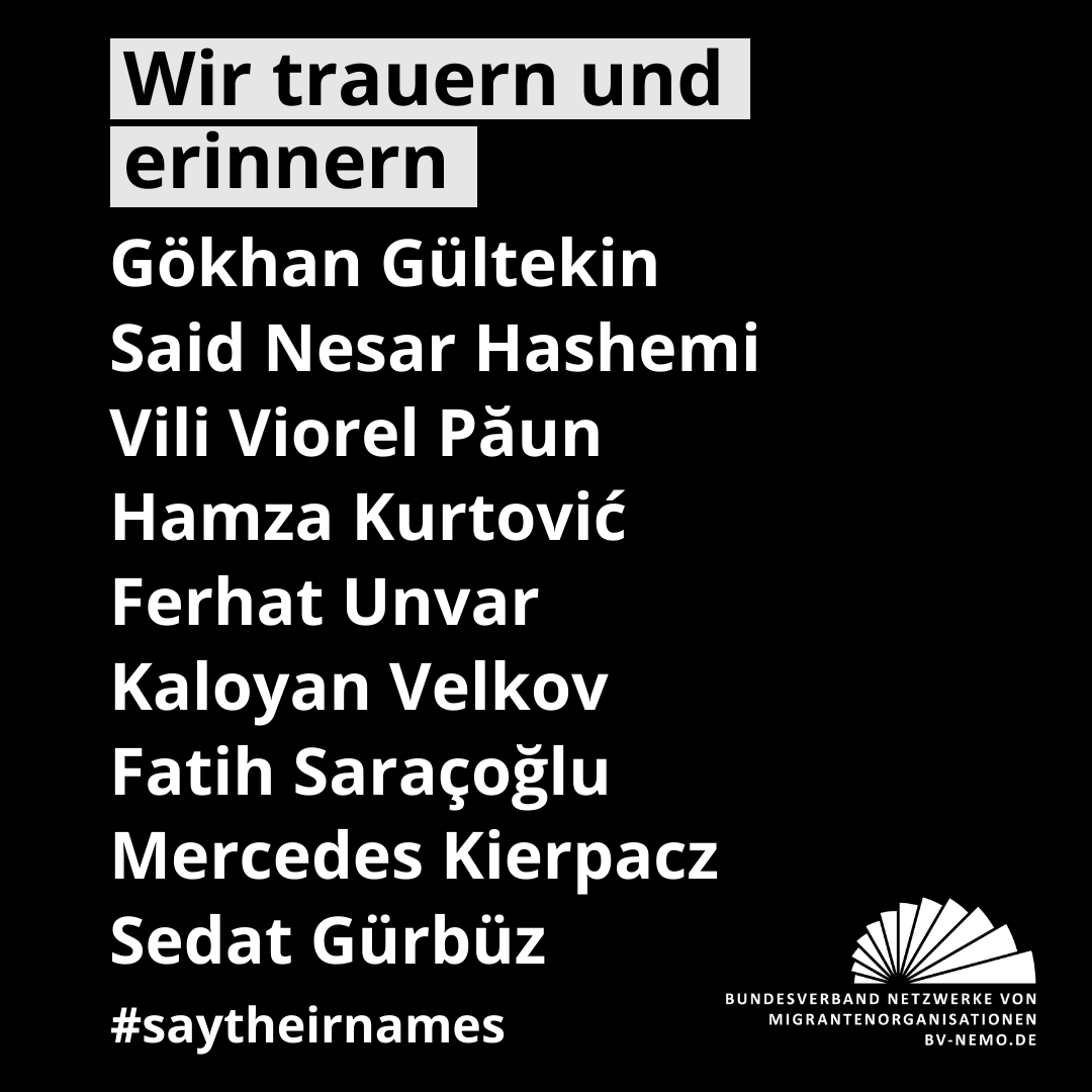 BV_NeMO's tweet photo. Erinnern heißt verändern! Heute findet in #Hanau die  Gedenkdemonstration statt. Viele weitere Veranstaltungen sind rund um den 19. Febuar geplant. Wir solidarisieren uns mit Initiativen wie @19FebruarHanau. 
#saytheirnames #erinnernheißtverändern #niewiederhanau #1902hanau https://t.co/pSC4SvlBrQ