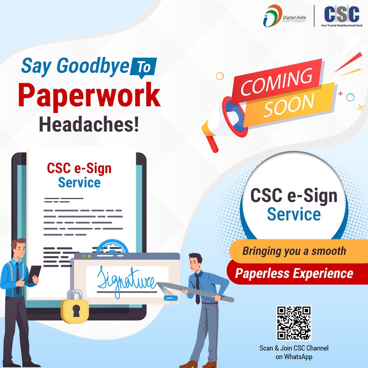 CSCegov_'s tweet image. Say goodbye to traditional paperwork stress &amp;amp; #GoDigital with #CSCeSign Service.

Launching soon to bring you a smooth #paperless experience.

To know more about the service, read here: csc.gov.in/assets/e-magaz…

Stay tuned!

#CSC #ComingSoon #DigitalIndia #DigitalSignature #eSign