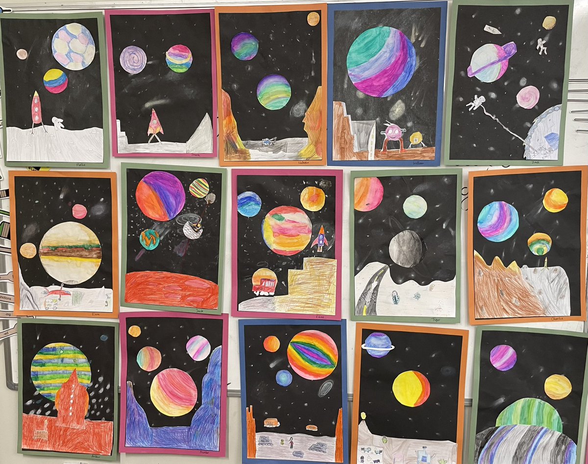 Year 5 produced some amazing space pictures. They used watercolours to create planets and had to consider the composition of their final picture, showing an understanding of foreground, middle ground and background. Well done year 5! 🪐