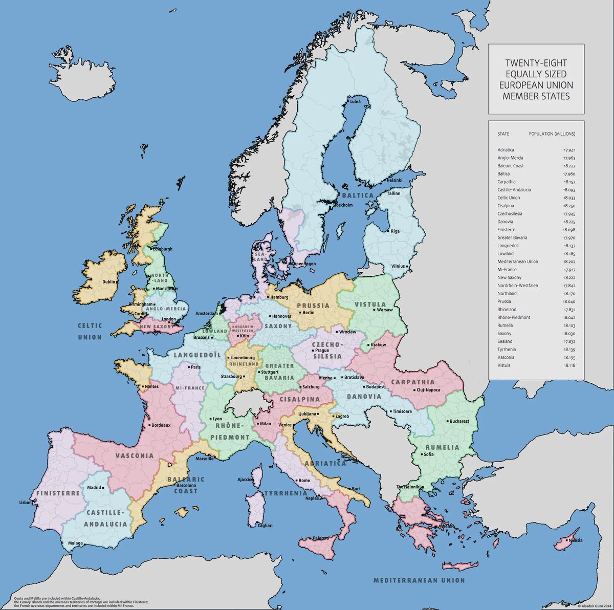 The EU divided into 28 countries with equal population