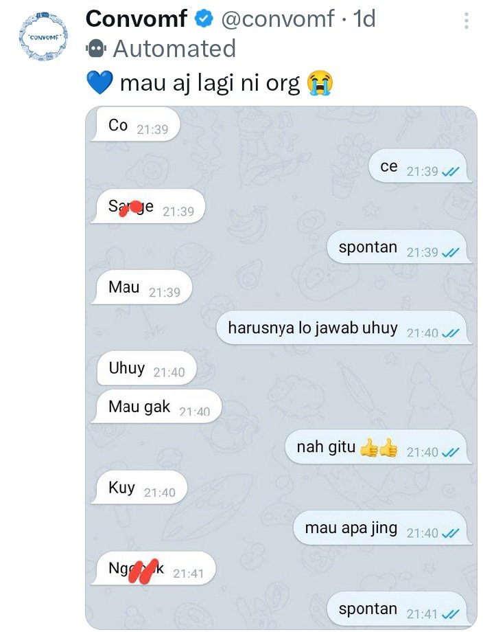 Chat lucu kerandoman anonim di telegram, menghibur malam minggu kalian🤣✨

A Thread