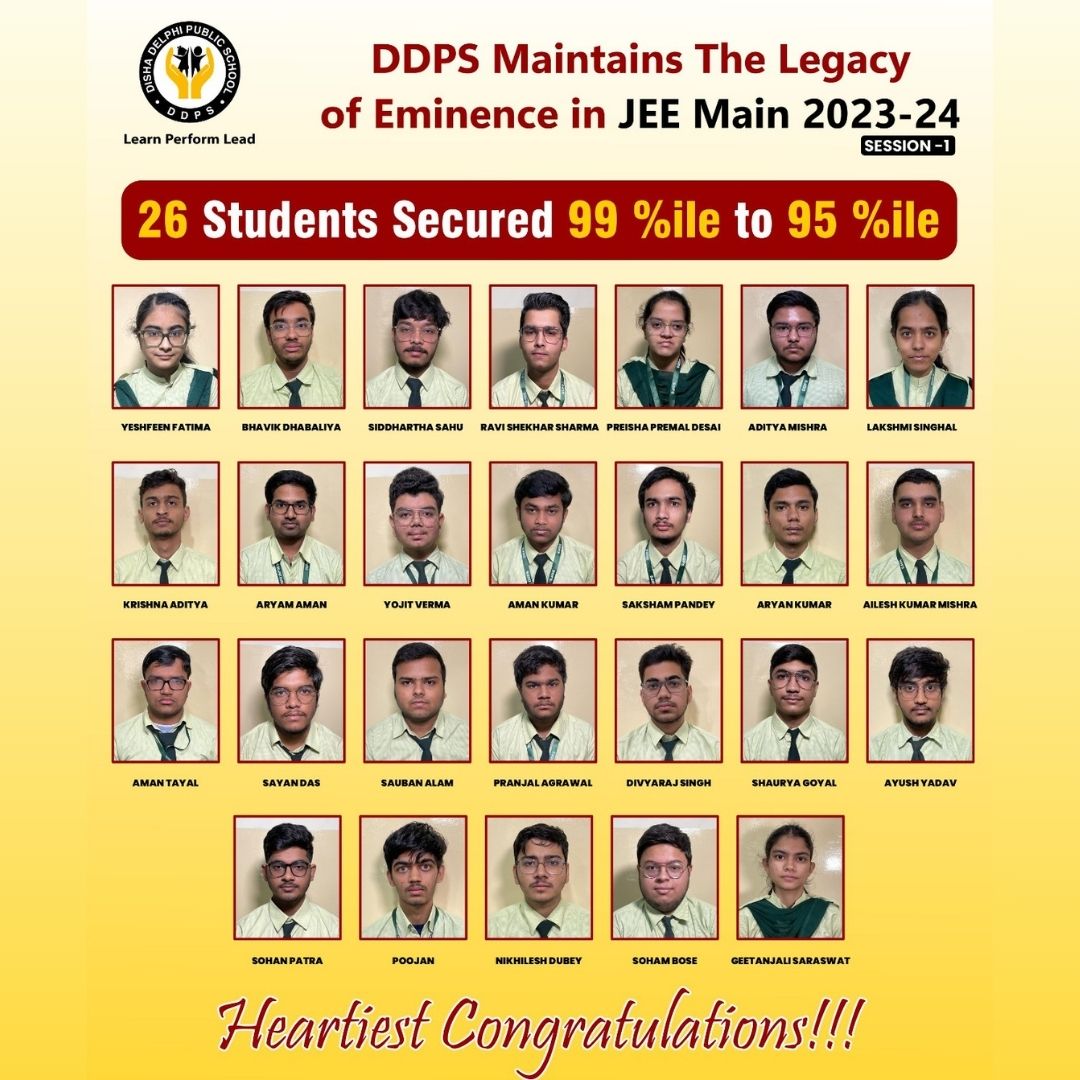 DdpsKota's tweet image. Disha Delphi Public School celebrates a moment of pride as Aaditya Kumar achieves a perfect 100%ile in JEE (MAIN) 2023-24 session-1🌟
Congratulations to all our stellar students: 26 at 99%ile, 77 above 90%ile, and a total of 92 shining stars securing 95%ile and above.

#JEE2023