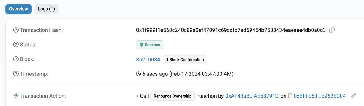 #TORwallet team believes in transparency, Smart Contract Ownership is Renounced 

🚀bscscan.com/tx/0x1f999f1e5…

#TorWallet #TOR #BNB #ETH #Etherum #Trade #pancakeSwap #BSC #presale