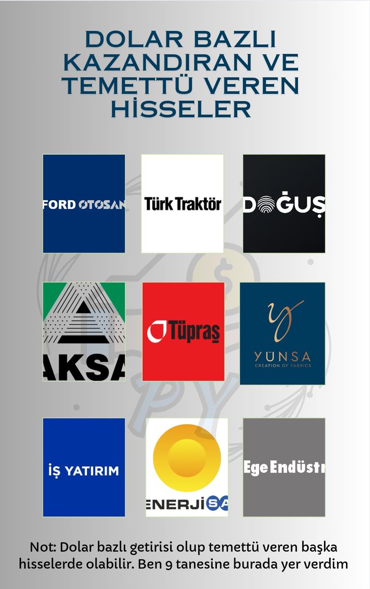 pyatirimci's tweet photo. 💲 Dolar Bazlı Kazandıran ve Temettü Veren Hisseler 💲

🛢️Tüpraş(#TUPRS)
🚜Türk Traktör (#TTRAK)
🚐Ford(#FROTO)
⚪Yünsa (#YUNSA)
⚡Enerjisa(#ENJSA) 
🫗 Aksa Akrilik(#AKSA) 
🚗 Doğuş Otomotiv(#DOAS) 
🏦 İş Yatırım(#ISMEN) 
⚙️ Ege Endüstri(#EGEEN) 

➡️ Türkiye de temettü yatırımcılığı yapılmaz. Endeks dolar bazlı 1998 seviyesinde diyenlere bu hisselerin dolar bazlı grafiğini gösterin. 

➡️ Tabi bu hisselerin dışında #temettü veren dolar bazlı kazandıran hisseler vardır. 

📩 Burada verilmek istenen mesaj: 546 şirketin arasından ince eleyip sık dokumak lazım. Temettü yatırımcılığı yaparken dolar Bazlı kazanç elzemdir.