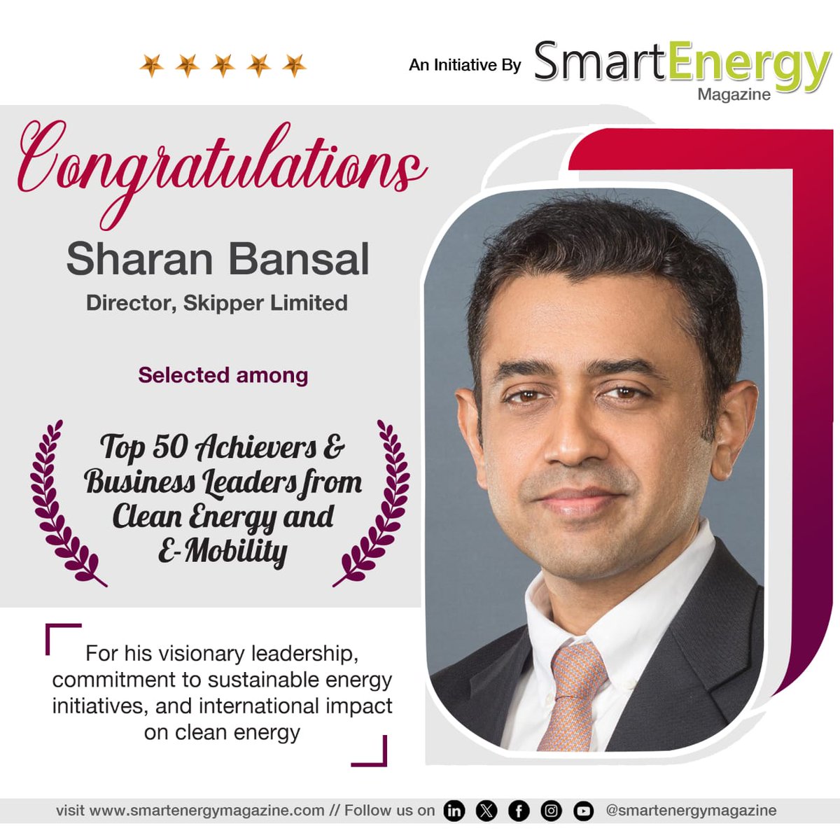 Happy to share, Mr. Sharan Bansal, Director Skipper Limited has been selected as the Top 50 Business Leaders in India for commitment to sustainability initiatives and international impact on clean energy. #SkipperLimited Read Here : lnkd.in/gz9q-zDy