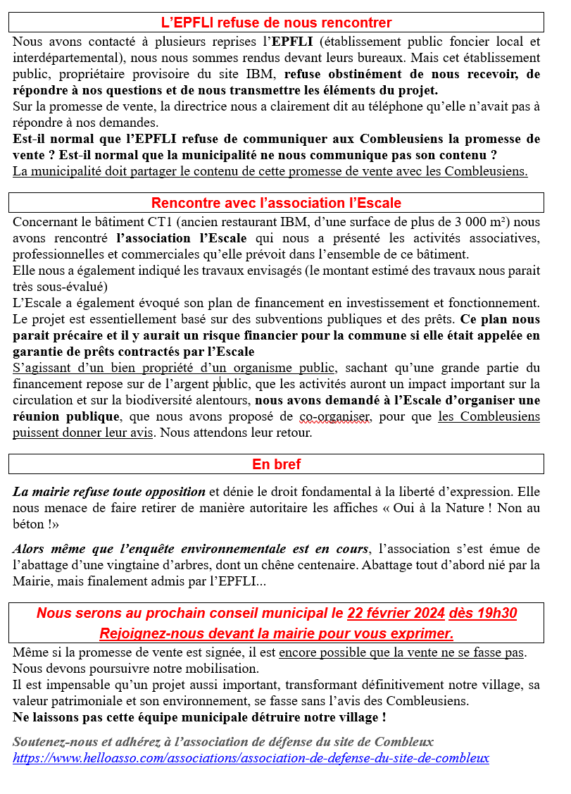 Ne laissons pas cette équipe municipale détruire notre village ! 
🗓️Nous serons au prochain conseil municipal le jeudi 22 février 2024 dès 19h30. Rejoignez-nous devant la mairie pour vous exprimer 📢#Démocratie #Citoyenneté #Biodiversité