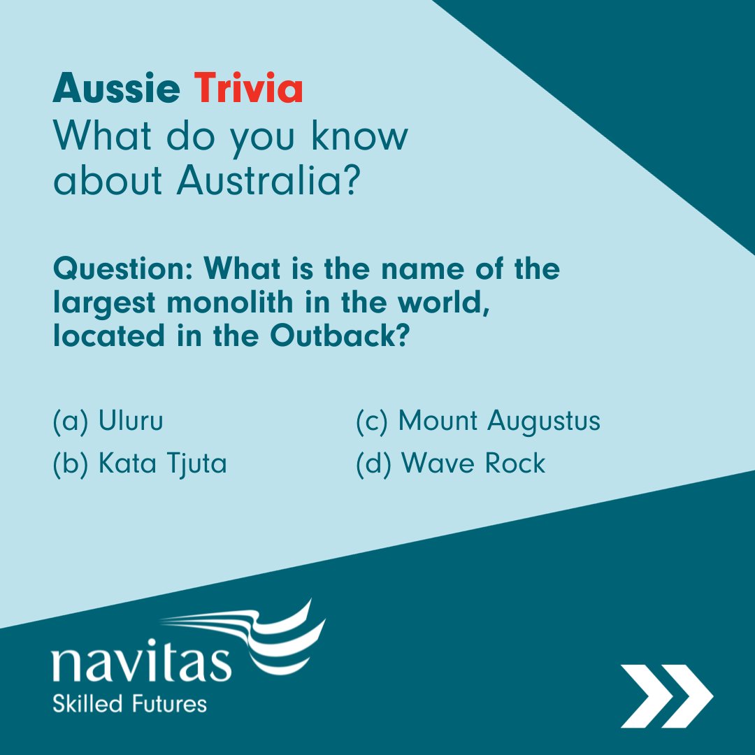 navitas_sf's tweet image. Do you know the name of Australia's largest rock? 🦘
Reply below before swiping across to see the answer!
#AussieTrivia #NavitasSkilledFutures #LanguageClasses #AMEP #75Years #LearnEnglish #FreeEnglishLessons #BuildingBetterFutures #OwnYourStory #Australia #Aussie