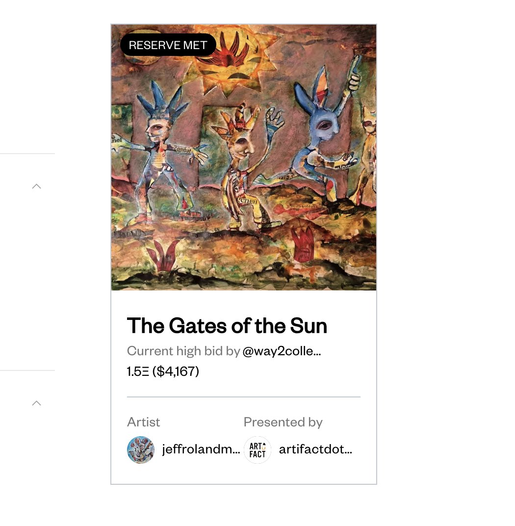 ArtifactDotArt's tweet photo. 🎉 🎉🎉
We are excited to see a bid on this captivating mixed media artwork by @JeffRolandMagic 🥳

Current bid is at 1.650 Ξ

Link to the auction: https://t.co/XLoOfmnoJw 

Celebrate with the artist by spreading the news and sharing this tweet!

Thanks a lot! xx https://t.co/GJRQMyr0jO