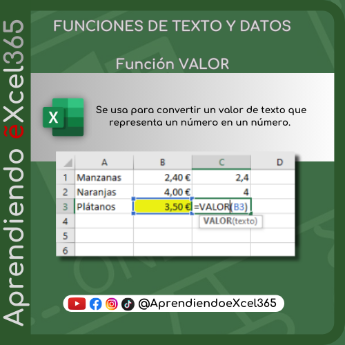 AeXcel365's tweet photo. Función VALOR
#aprendiendoexcel365 #josealcaldealias #excel #microsoftexcel #educacion #aprendiendoexcel #exceltips #funcionesexcel #excelformulas #exceltutorial #aprendeexcel #visualbasic #vba #VideosTutoriales 
⭐ En mi perfil encontrarás los links. https://t.co/vRhwu6vz8G