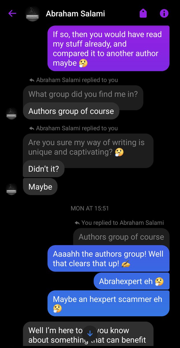 J_agombarAuthor's tweet image. Abraham Salami (the Abrahexpert) turned out to be a novice at scamming 🤔 he  picked the wrong writer! 
Follow me for more spambot abuse.
#authoscam #spambot #writerproblems #windup #readingcommunity #writingcommunity #jagombar #WriterBeware