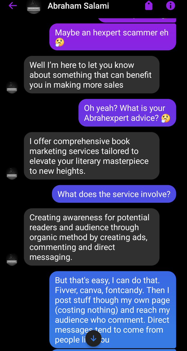 J_agombarAuthor's tweet image. Abraham Salami (the Abrahexpert) turned out to be a novice at scamming 🤔 he  picked the wrong writer! 
Follow me for more spambot abuse.
#authoscam #spambot #writerproblems #windup #readingcommunity #writingcommunity #jagombar #WriterBeware